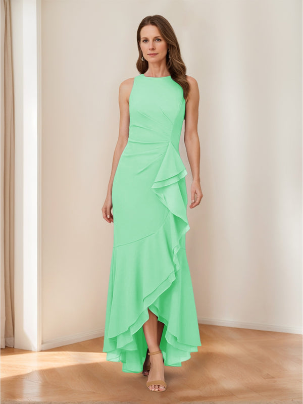 Trumpet/Mermaid Crew Neck High Low Ruched Mother of the Bride Dresses with Ruffles