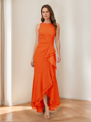 Trumpet/Mermaid Crew Neck High Low Ruched Mother of the Bride Dresses with Ruffles