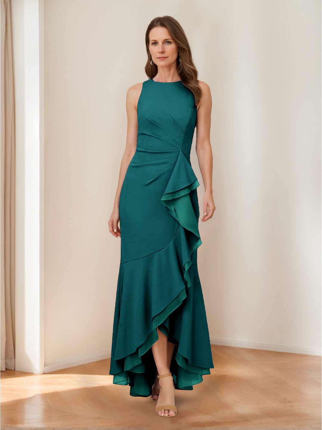 Trumpet/Mermaid Crew Neck High Low Ruched Mother of the Bride Dresses with Ruffles