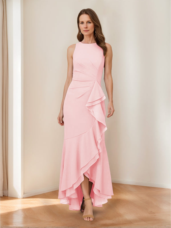 Trumpet/Mermaid Crew Neck High Low Ruched Mother of the Bride Dresses with Ruffles