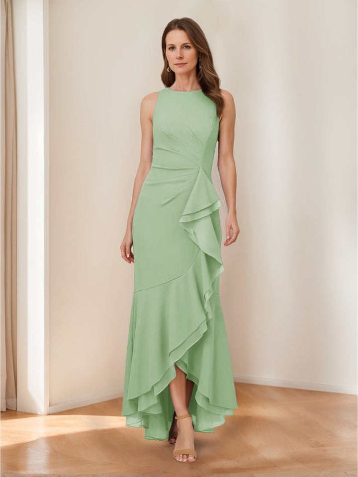 Trumpet/Mermaid Crew Neck High Low Ruched Mother of the Bride Dresses with Ruffles