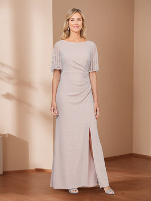 Sheath/Column Crew Neck Flutter Sleeves Ruched Mother of the Bride Dresses with Beads