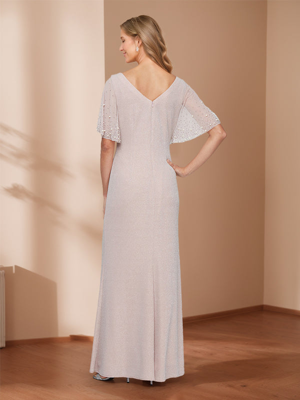 Sheath/Column Crew Neck Flutter Sleeves Ruched Mother of the Bride Dresses with Beads