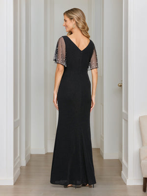 Sheath/Column Crew Neck Flutter Sleeves Ruched Mother of the Bride Dresses with Beads