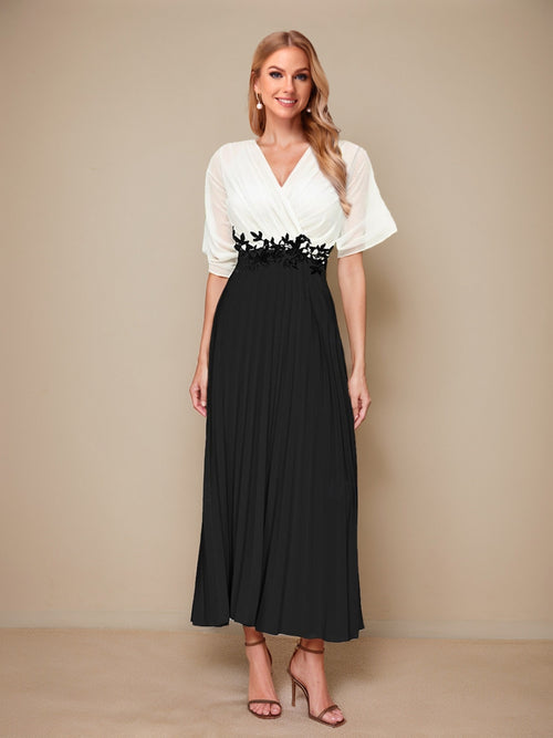 Mother of the Groom Dresses 2026 Chiffon A-Line V-Neck Ruched Half Sleeves Ruched Ankle-Length Formal Evening Gowns with Appliques Mother of the Groom Dresses 2026 Chiffon A-Line V-Neck Ruched Half Sleeves Ruched Ankle-Length Formal Evening Gowns with Appliques