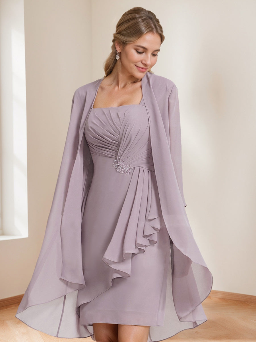 Sheath/Column Square Neck Ruched 2 Pieces Wedding Guest Dresses with Jacket