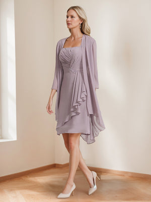 Sheath/Column Square Neck Ruched 2 Pieces Wedding Guest Dresses with Jacket