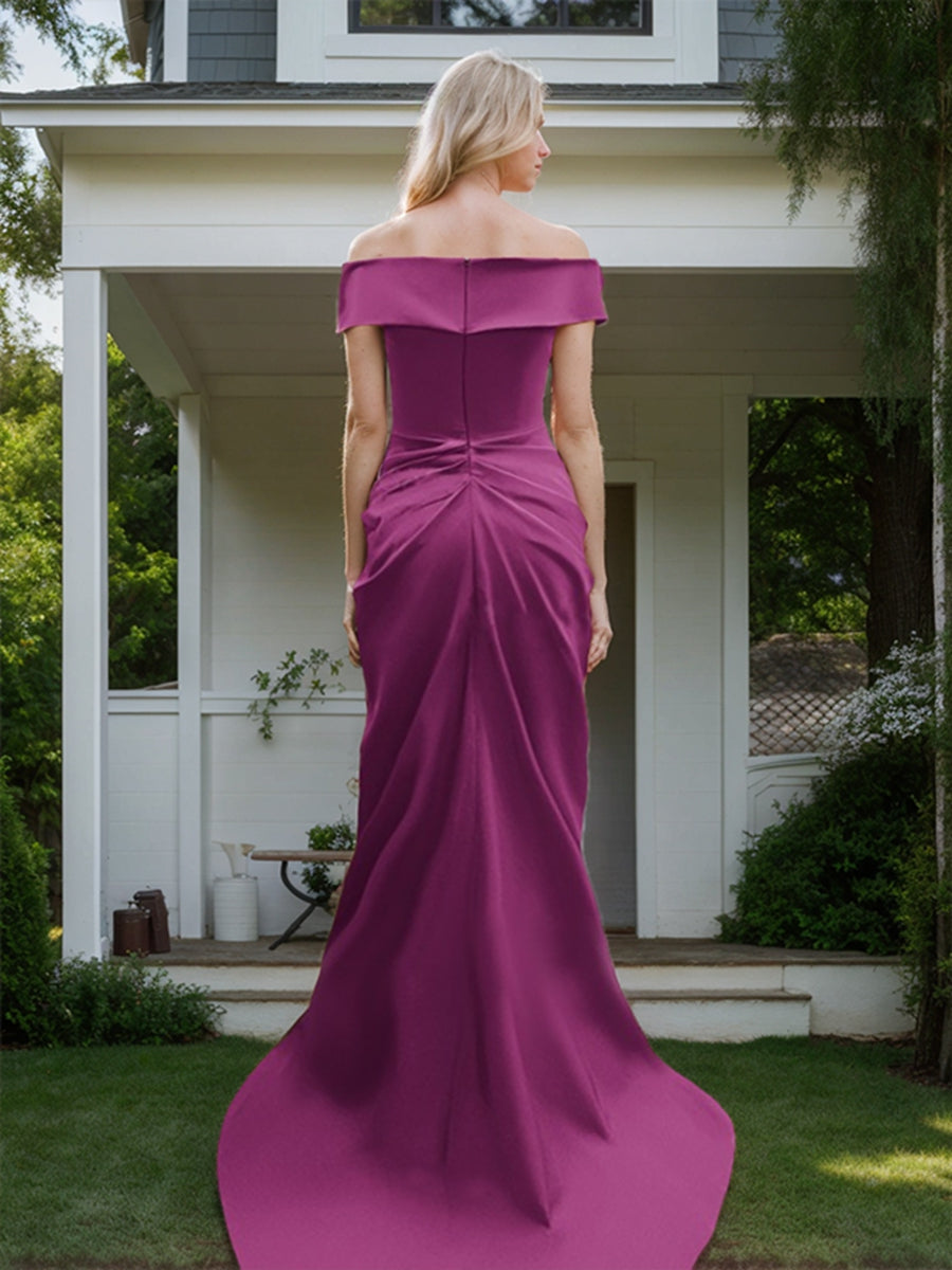 Trumpet/Mermaid Off-the-Shoulder Ruched Long Mother of the Bride Dresses with Split Front
