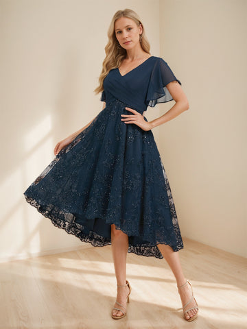A-Line/Princess V-Neck Flutter Sleeves Asymmetrical Wedding Guest Dresses with Appliques