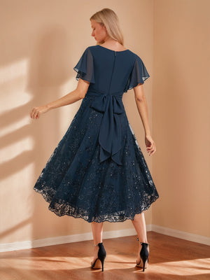 A-Line/Princess V-Neck Flutter Sleeves Asymmetrical Wedding Guest Dresses with Appliques