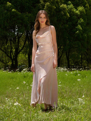 A-Line/Princess Chic Spaghetti Straps Floor-Length Ruched Maxi Wedding Guest Dresses