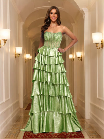 A-Line/Princess Scoop Metallic Layered Prom Dresses With Rhinestone Beading