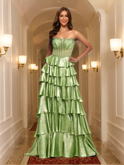 A-Line/Princess Scoop Metallic Layered Prom Dresses With Rhinestone Beading