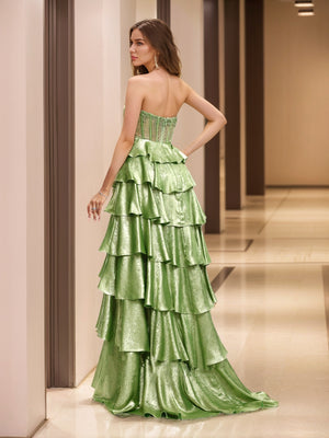 A-Line/Princess Scoop Metallic Layered Prom Dresses With Rhinestone Beading