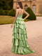 A-Line/Princess Scoop Metallic Layered Prom Dresses With Rhinestone Beading