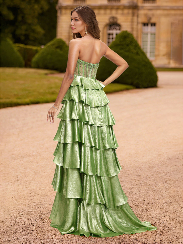 A-Line/Princess Scoop Metallic Layered Prom Dresses With Rhinestone Beading