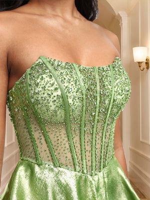 A-Line/Princess Scoop Metallic Layered Prom Dresses With Rhinestone Beading