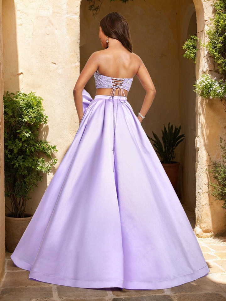 A-Line/Princess Sweetheart Beaded Two Piece Prom Dresses with Bow &amp; Slit
