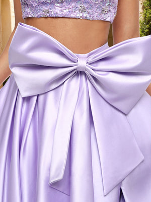 A-Line/Princess Sweetheart Beaded Two Piece Prom Dresses with Bow & Slit