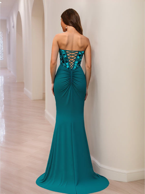 Trumpet/Mermaid Sweetheart Beading Sequins Long Prom Dresses with Split Side