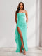 Sheath/Column Strapless Pleated Ruffle Maxi Bridesmaid Dresses with Split Side