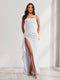 Sheath/Column Strapless Pleated Ruffle Maxi Bridesmaid Dresses with Split Side