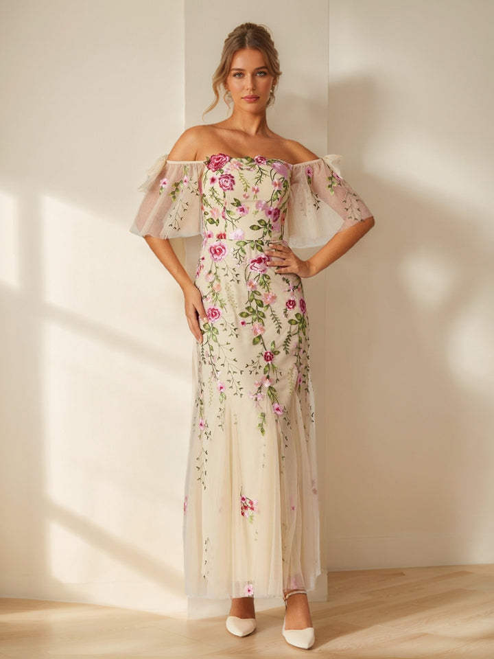 Trumpet/Mermaid Off-the-Shoulder Short Sleeves Long Prom Dresses with Embroidery &amp; Bow