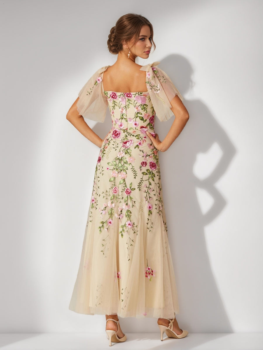 Trumpet/Mermaid Off-the-Shoulder Short Sleeves Long Prom Dresses with Embroidery &amp; Bow