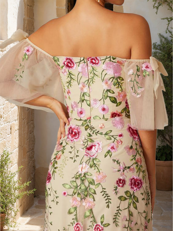 Trumpet/Mermaid Off-the-Shoulder Short Sleeves Long Prom Dresses with Embroidery & Bow