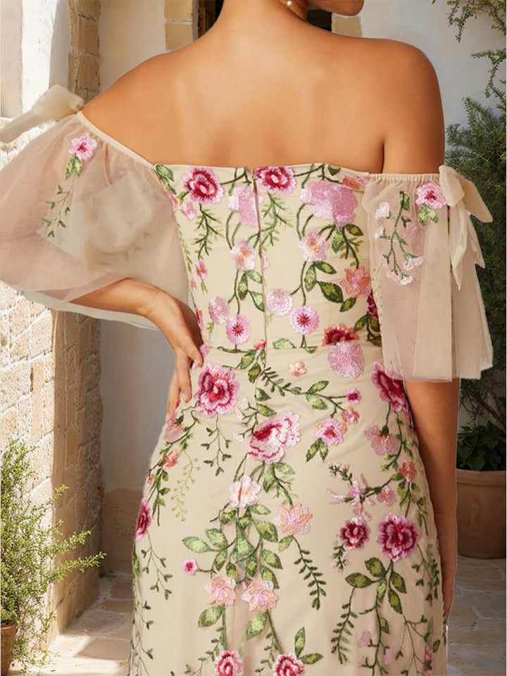 Trumpet/Mermaid Off-the-Shoulder Short Sleeves Long Prom Dresses with Embroidery &amp; Bow