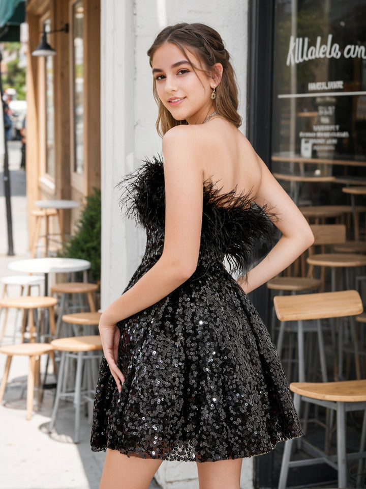 A-Line/Princess Off-the-Shoulder Short Homecoming Dresses with Sequins &amp; Feather