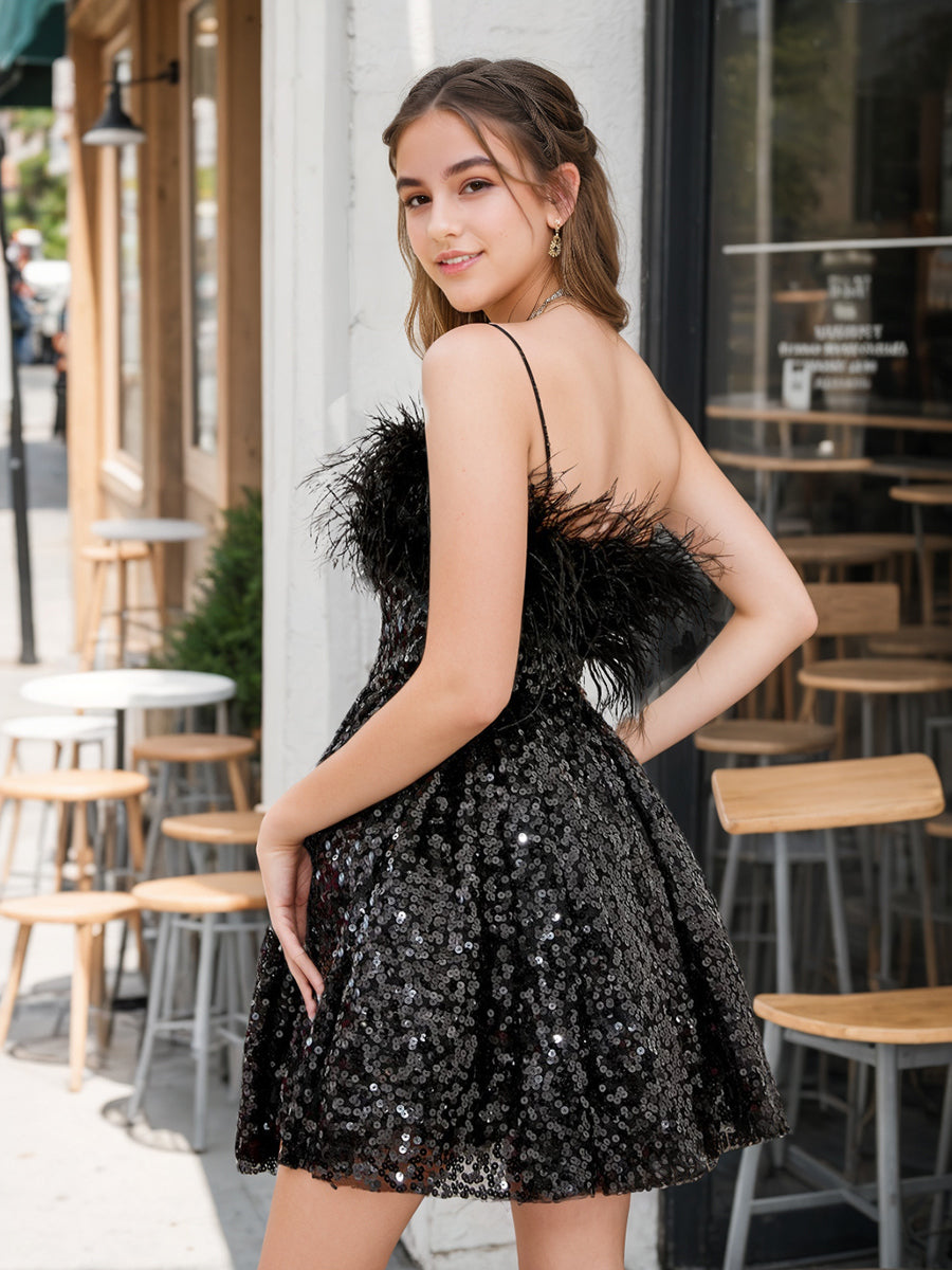 A-Line/Princess Off-the-Shoulder Short Homecoming Dresses with Sequins & Feather