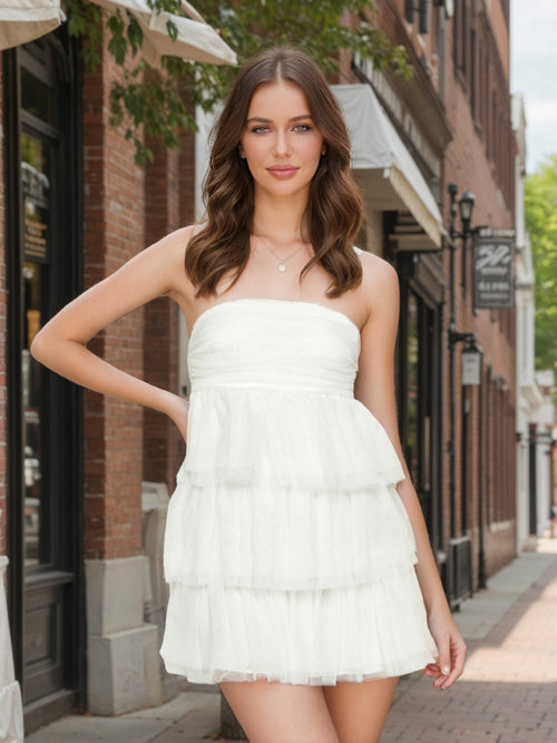 A-Line/Princess Strapless Layered Ruffle Tulle Mini Dresses Short Homecoming Dresses