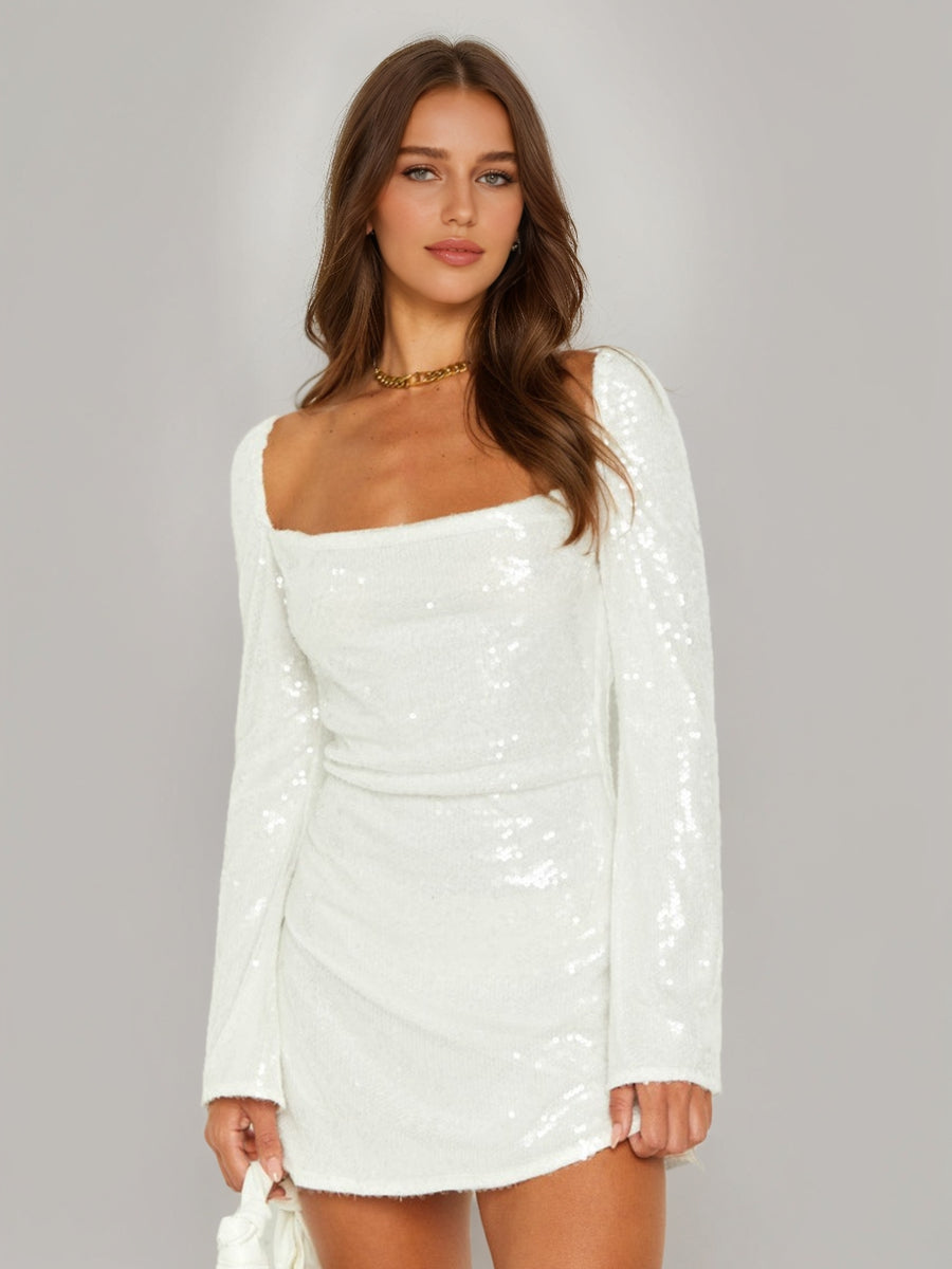 Sheath/Column Cowl Neck Long Sleeves Short Sequined Homecoming Dresses