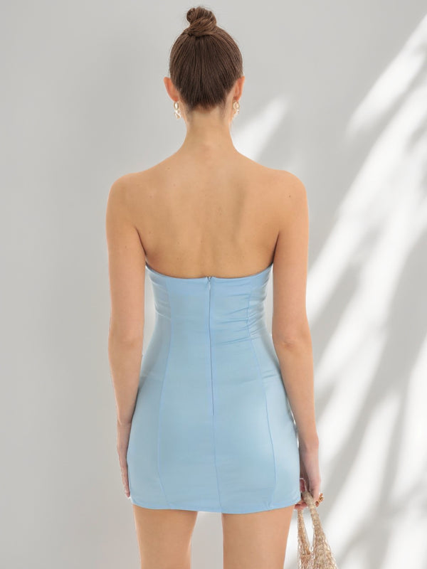 Sheath/Column Strapless Short/Mini Homecoming Dresses with Ruffles & Side Slit