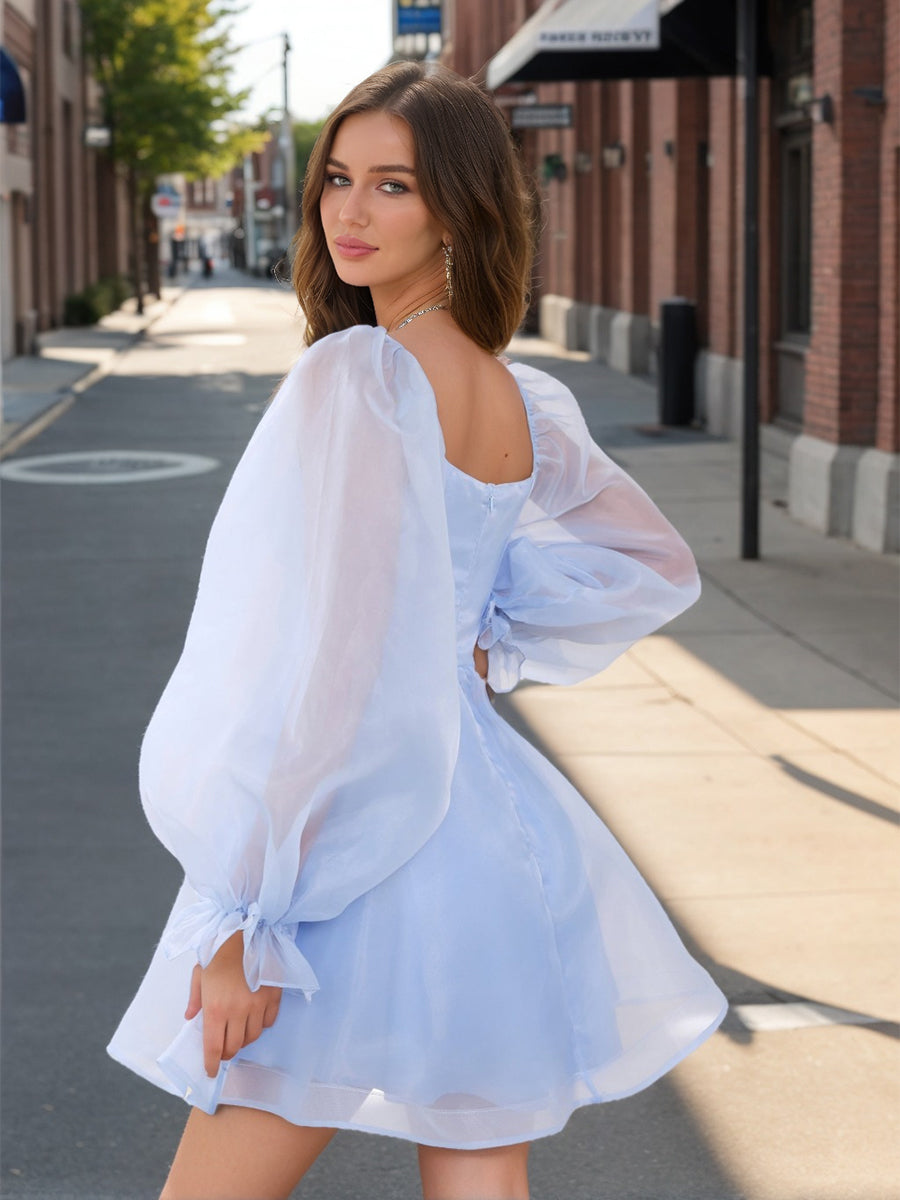 A-Line/Princess Cowl Neck Puff Sleeves Short Homecoming Dresses with Ruffles