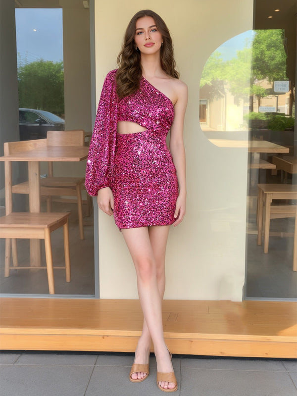 Sheath/Column One-Shoulder Short Homecoming Dresses with Sequins & Cut Out