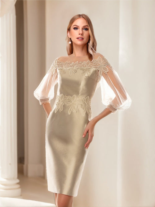 Sheath/Column Illusion Crew Neck Knee-Length Mother of the Bride Dresses with Appliques