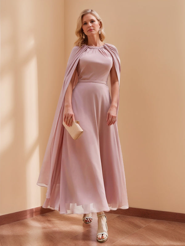 A-Line/Princess Jewel-Neck Ankle-Length Chiffon Mother of the Bride Dresses with Cape