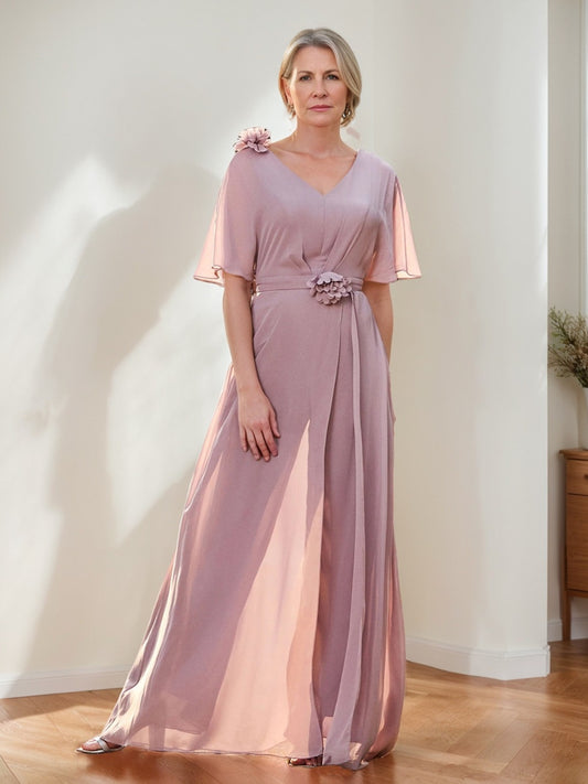 Chiffon V-Neck Half Sleeveless Mother of the Bride Pantsuits with 3D Floral