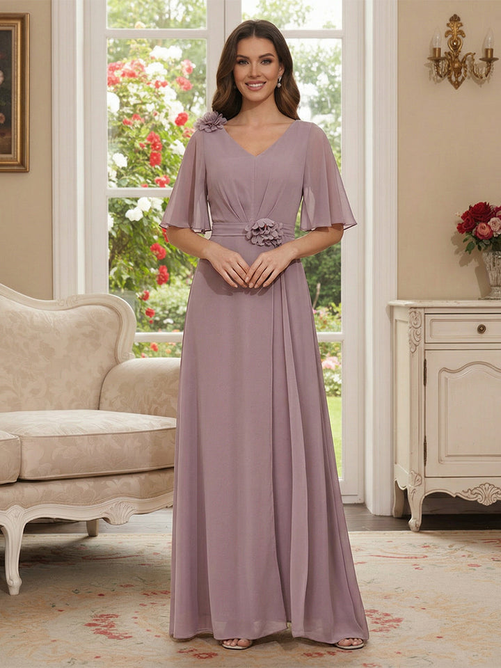 Chiffon V-Neck Half Sleeveless Mother of the Bride Pantsuits with 3D Floral