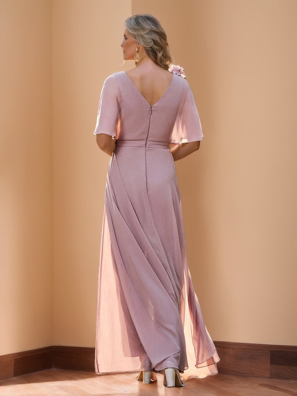 Chiffon V-Neck Half Sleeveless Mother of the Bride Pantsuits with 3D Floral