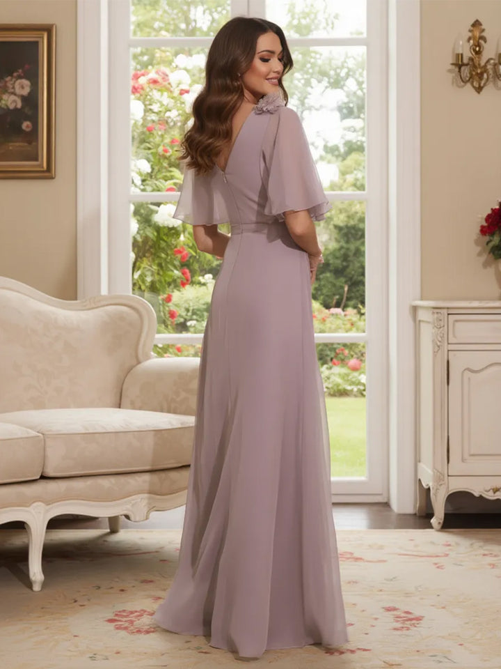 Chiffon V-Neck Half Sleeveless Mother of the Bride Pantsuits with 3D Floral