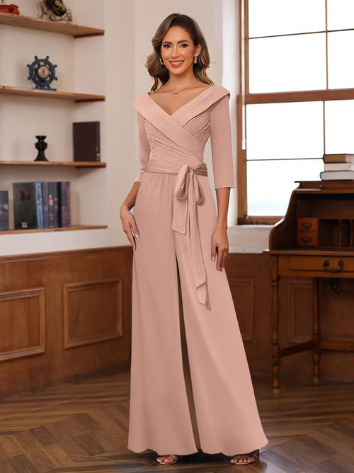 Chiffon V-Neck 3/4 Sleeveless Ruched Mother of the Bride Pantsuits with Sash