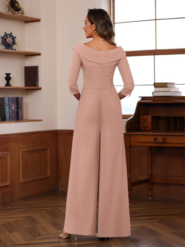 Chiffon V-Neck 3/4 Sleeveless Ruched Mother of the Bride Pantsuits with Sash