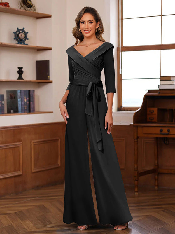 Chiffon V-Neck 3/4 Sleeveless Ruched Mother of the Bride Pantsuits with Sash