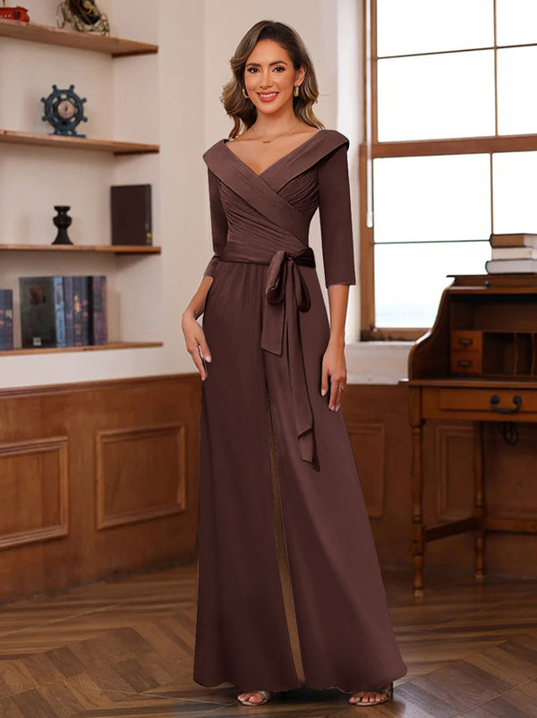 Chiffon V-Neck 3/4 Sleeveless Ruched Mother of the Bride Pantsuits with Sash