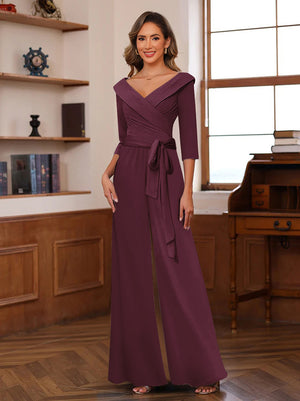 Chiffon V-Neck 3/4 Sleeveless Ruched Mother of the Bride Pantsuits with Sash
