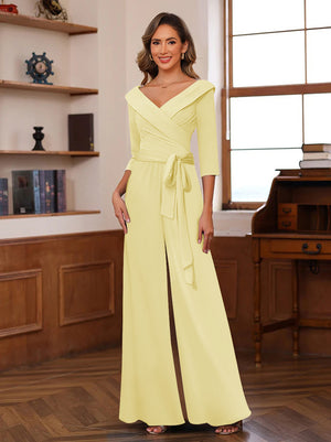 Chiffon V-Neck 3/4 Sleeveless Ruched Mother of the Bride Pantsuits with Sash