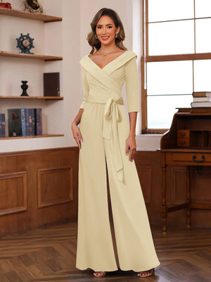 Chiffon V-Neck 3/4 Sleeveless Ruched Mother of the Bride Pantsuits with Sash